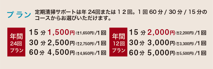 【プラン】定期清掃サポートは年24回または12回。1回60分 / 30分 / 15分のコースからお選びいただけます。