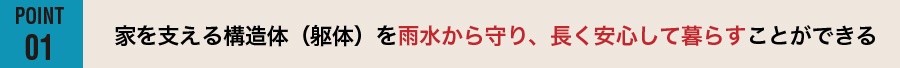 【POINT01】家を支える構造体（躯体）を雨水から守り、長く安心して暮らすことができる